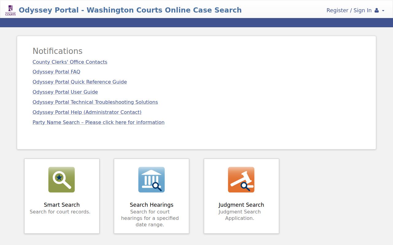 Washington Odyssey Portal search choices used for Garfield County Superior Court